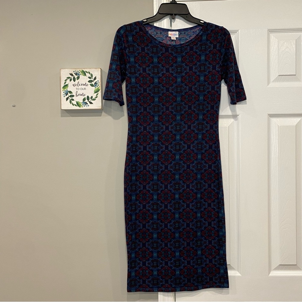 LuLaRoe Julia Dress Geometric Pattern Blue Green Maroon Womens XS Scoop Neck